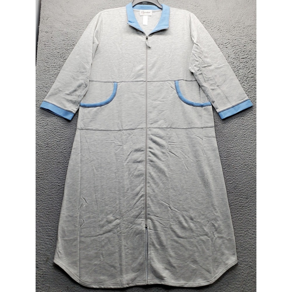 Stan Herman Signature Lounge Robe Womens XL Gray 3/4 Sleeve Front Zip Sleepwear